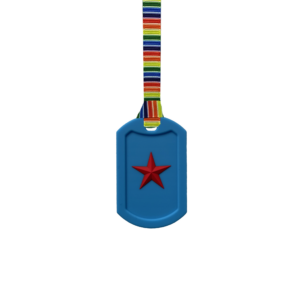 Blue Star Tag Chew Necklace on retro stripes lanyard