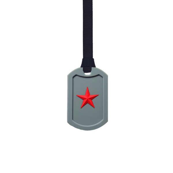 Grey Star Tag Chew Necklace on black lanyard, perfect for those who are chewing clothes