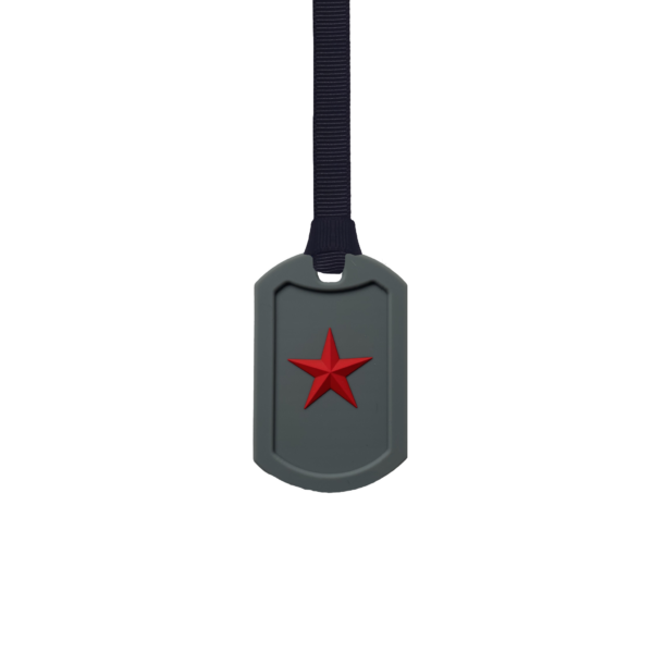 Grey Star Tag Chew Necklace on black lanyard, perfect for those who are chewing clothes