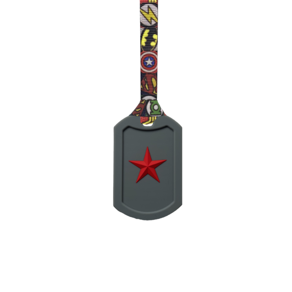 Grey Star Tag Chew Necklace on superhero lanyard, ideal autism aids