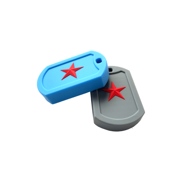 Blue and grey star tag chew necklaces, perfect for sensory needs