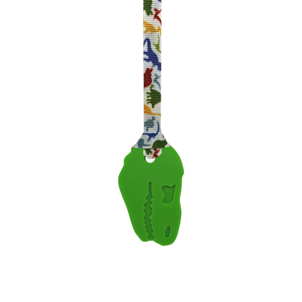 Green Dinosaur chew necklace with hand made dinosaur lanyard