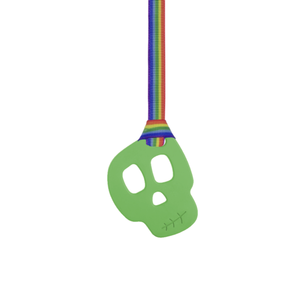 Green skull chew necklace on rainbow pride lanyard