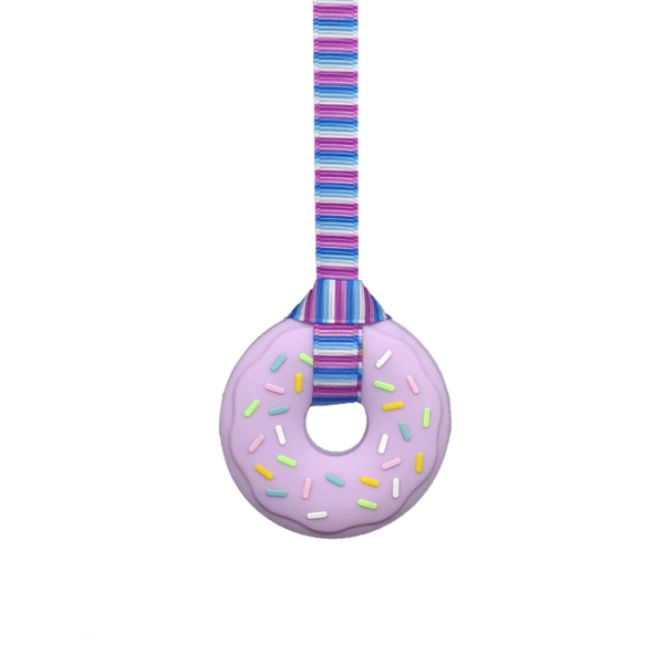 Lilac doughnut sensory chew necklace with hand made rainbows lanyard