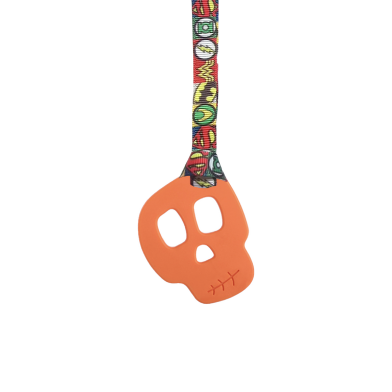 Orange skull chew necklace on superhero lanyard