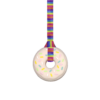 Pink doughnut chew necklace with hand made stripy lanyard