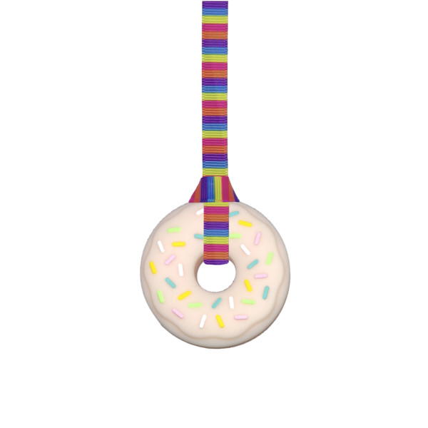 Pink doughnut chew necklace with hand made stripy lanyard