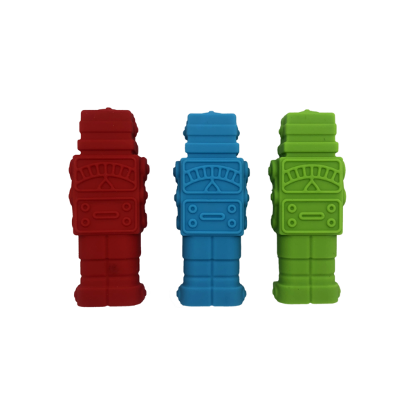 Reverse face of mixed pack of Robot pencil topper chews in 3 colours