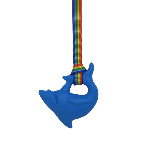 Blue shark chew necklace on handmade rainbow pride lanyard
