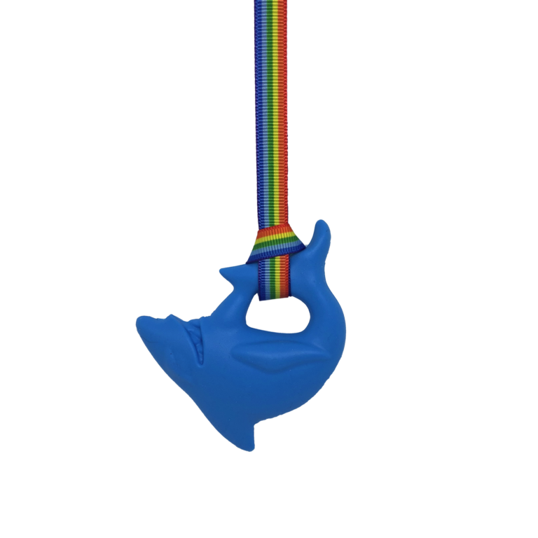 Blue shark chew necklace on handmade rainbow pride lanyard