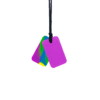 Magenta and multicoloured dog tag sensory chew necklace pair on black cord