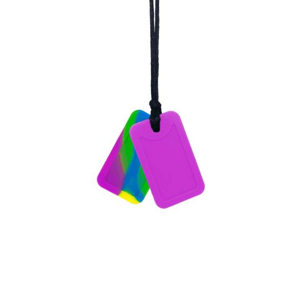 Magenta and multicoloured dog tag sensory chew necklace pair on black cord