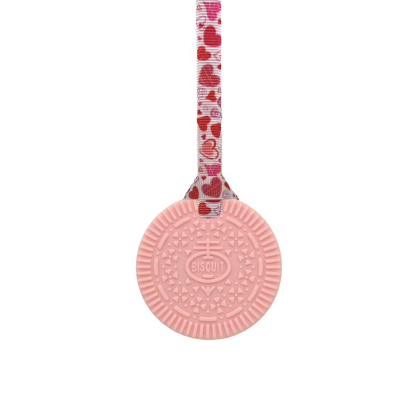 Pink Biscuit kids Chew Necklace on handmade hearts lanyard