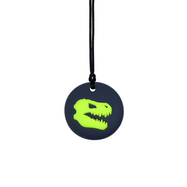 Black-green Jurassic dinosaur sensory chew necklace on black cord