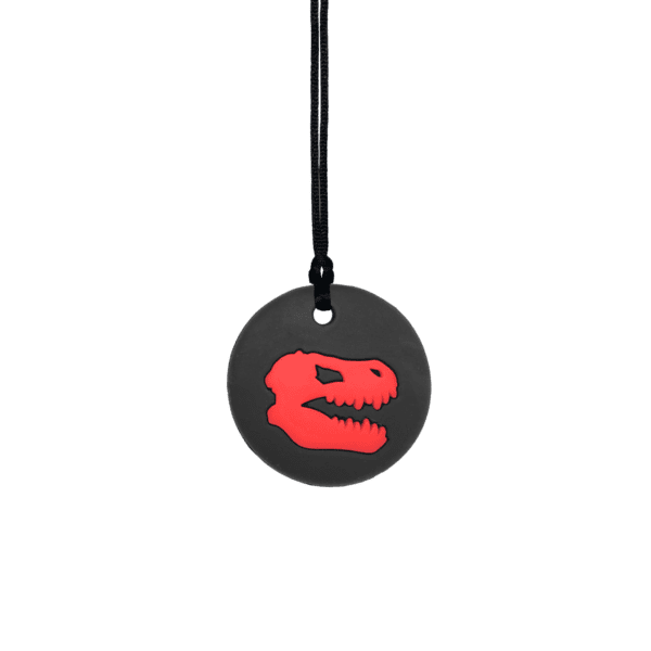 Black-red Jurassic dinosaur sensory chew necklace on black cord