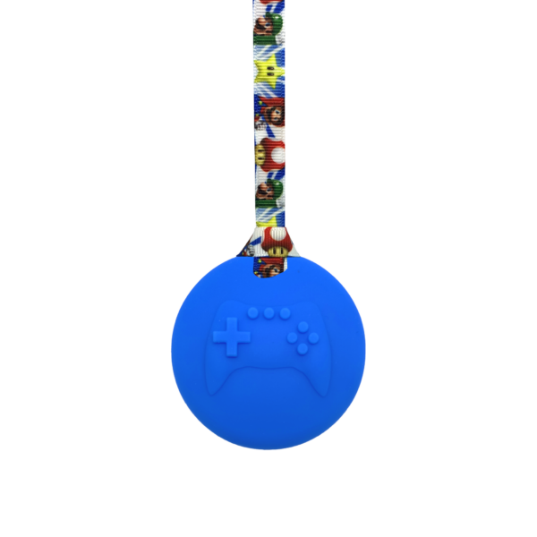 Blue Gamer sensory chew necklace on a Mario lanyard perfect for those with autism