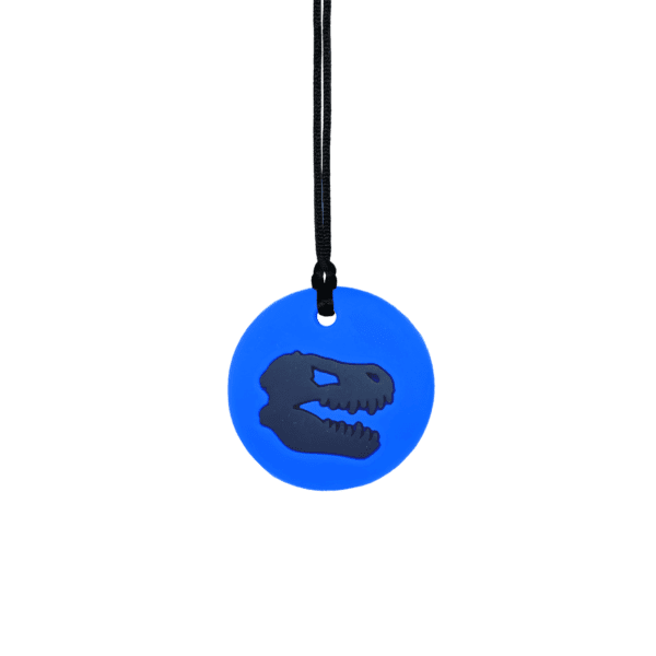 Blue-black Jurassic dinosaur sensory chew necklace on black cord