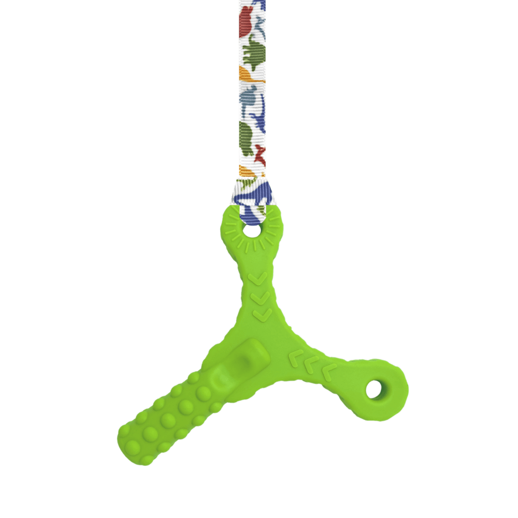 Chonka chews Y tube green sensory chew with dinosaurs lanyard