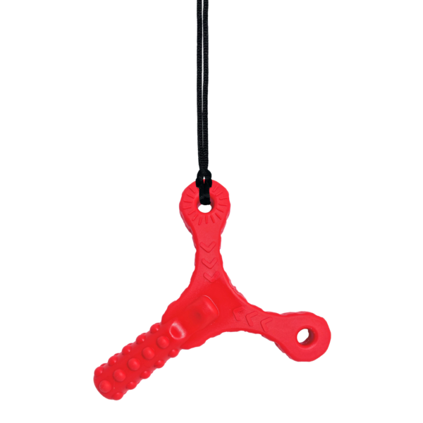 Chonka chews Y tube red sensory chew on black cord, ideal for autistic kids