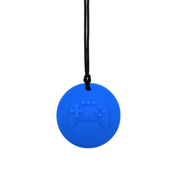 Blue Gamer sensory chew necklace on black cord