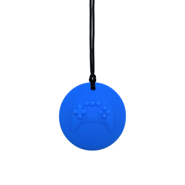 Blue Gamer sensory chew necklace on black cord