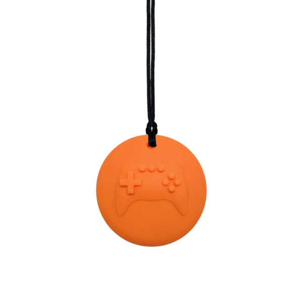 Orange Gamer sensory chew necklace on black cord