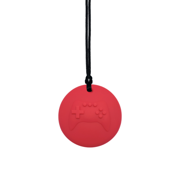 Red Gamer sensory chew necklace on black cord