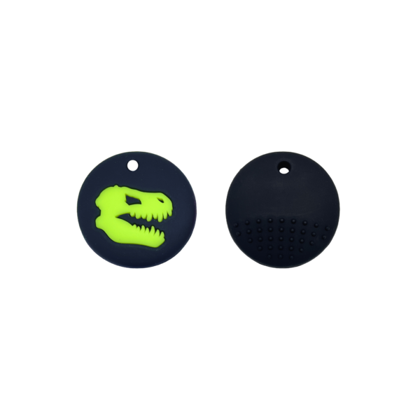 Black-green Jurassic dinosaur sensory chew necklace front and reverse