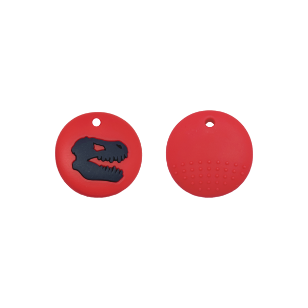 Red-black Jurassic dinosaur sensory chew necklace front and reverse