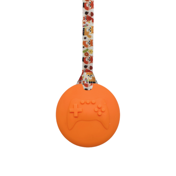 Orange Gamer sensory chew necklace on a fox lanyard