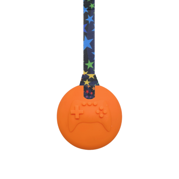 Orange Gamer sensory chew necklace on a black stars lanyard