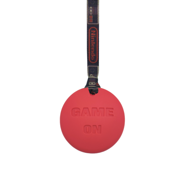 Red Gamer sensory chew necklace on a nintendo lanyard perfect for autistic people