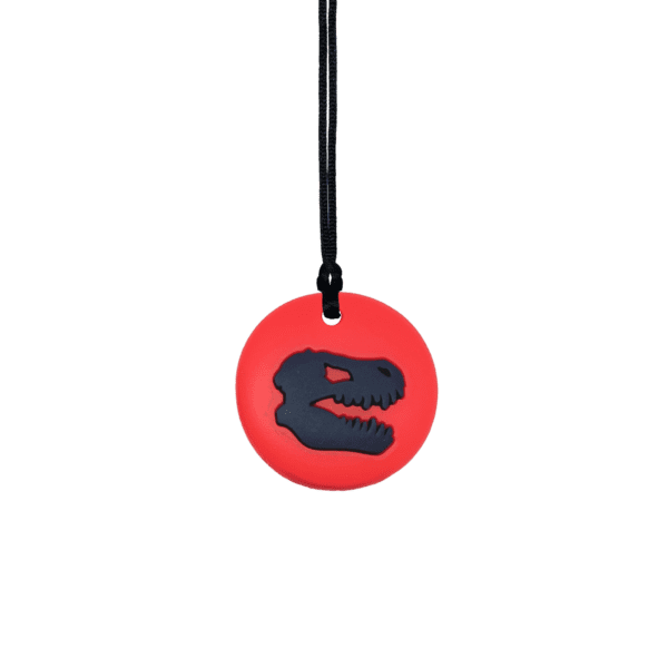 Red-black Jurassic dinosaur sensory chew necklace on black cord
