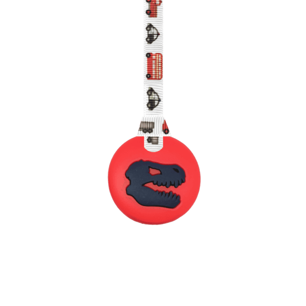 red-black Jurassic dinosaur sensory chew with vehicles lanyard