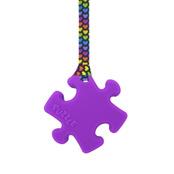 Purple puzzle chew necklace rainbow hearts lanyard sensory oojamabobs