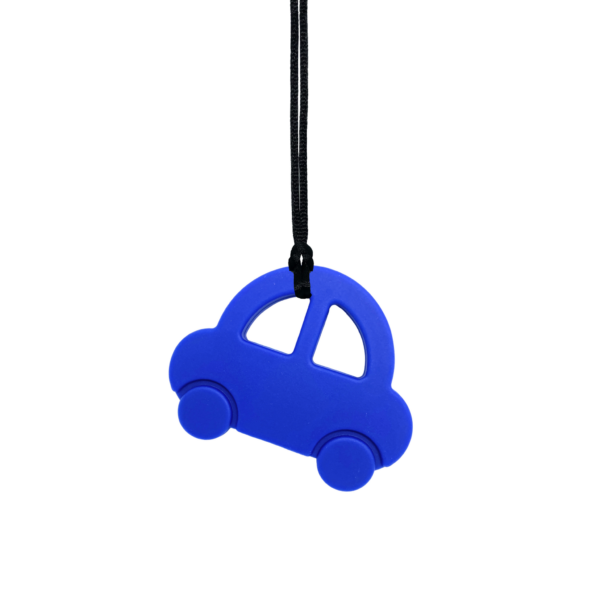 Blue car chew necklace black cord oojamabobs