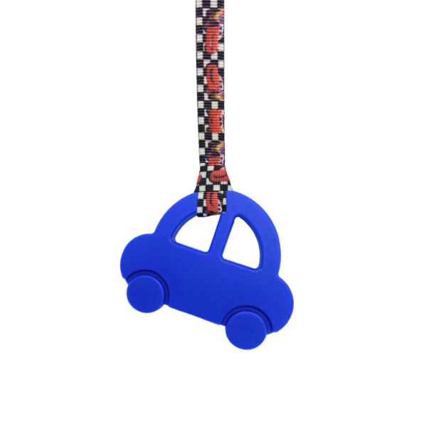 blue car chew necklace with cars lanyard