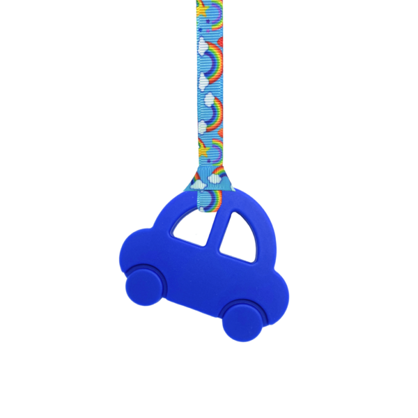 blue car chew necklace with rainbows lanyard