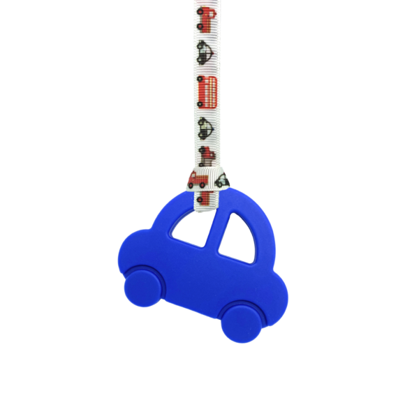 blue car chew necklace with transport lanyard