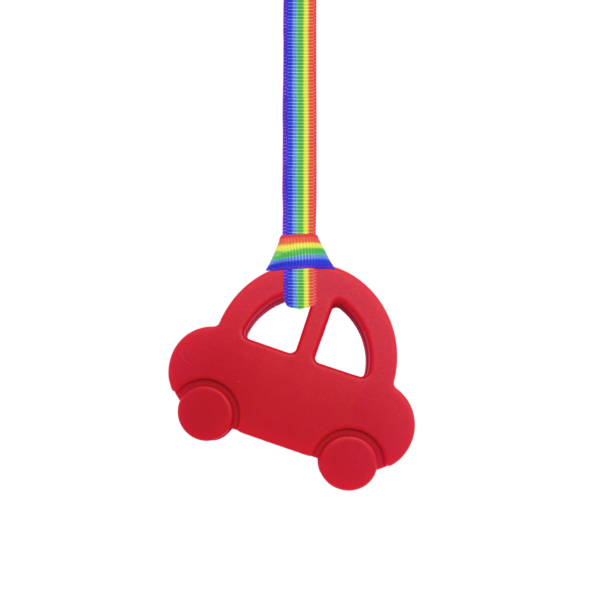 red car chew necklace with rainbow pride lanyard