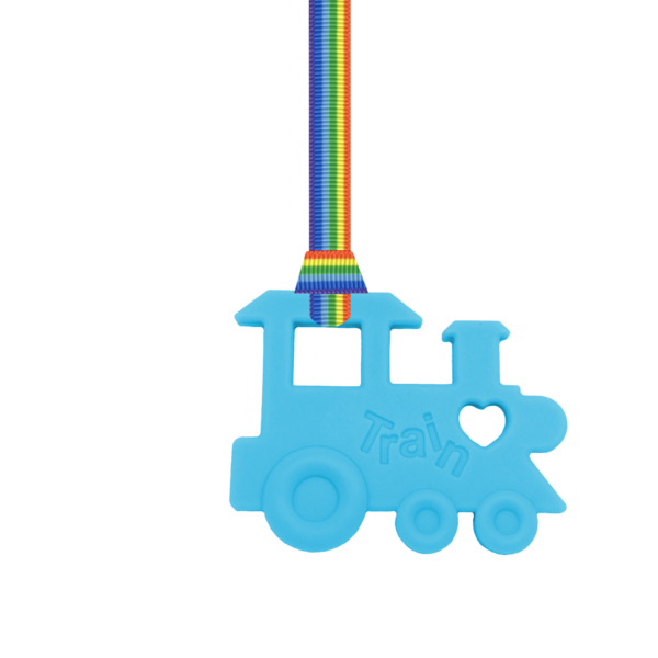 Blue train chew necklace sensory oojamabobs autism adhd lanyard rainbow pride