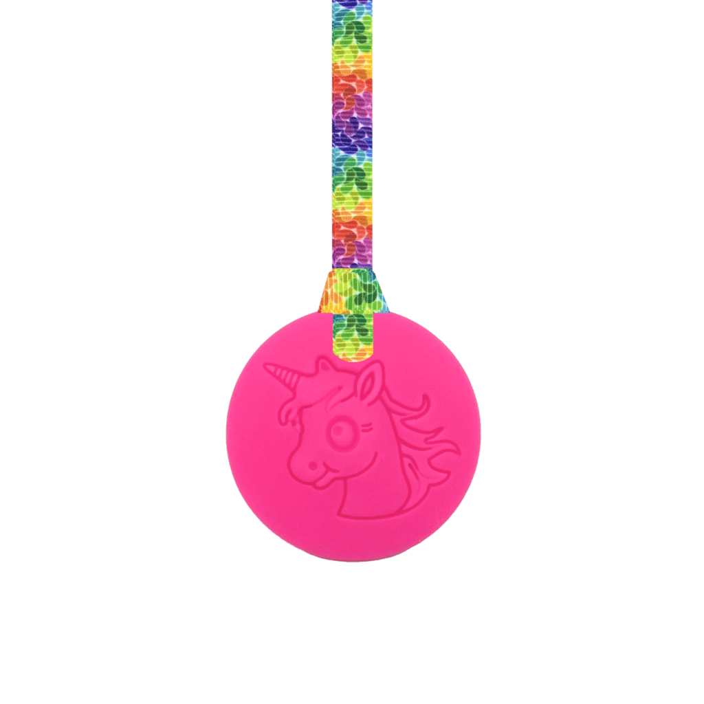 Magenta unicorn chew necklace with rainbow leaves lanyard from Sensory Oojamabobs