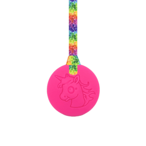 Magenta unicorn chew necklace with rainbow leaves lanyard from Sensory Oojamabobs