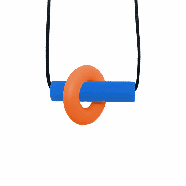 Orange and blue Axle sensory chew necklace with moving parts on black cord, perfect for people with ADHD