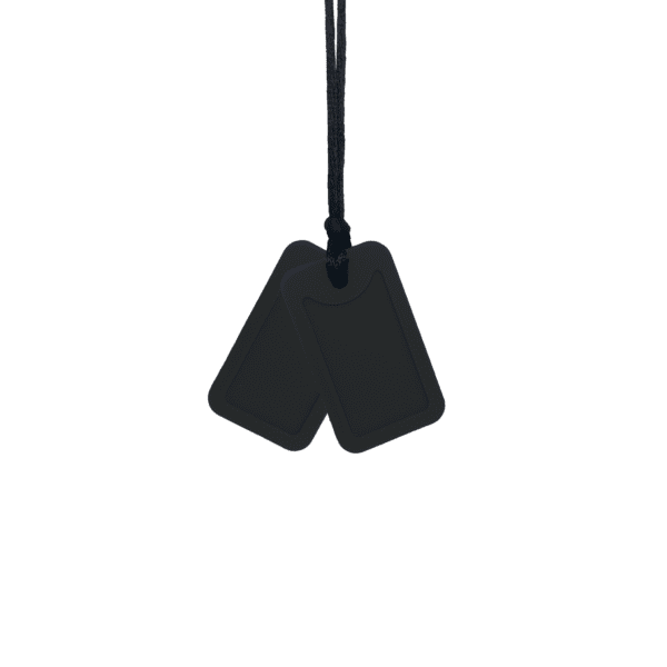 Black and black dog tag sensory chew necklace pair on black cord