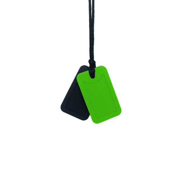 Black and green dog tag sensory chew necklace pair on black cord