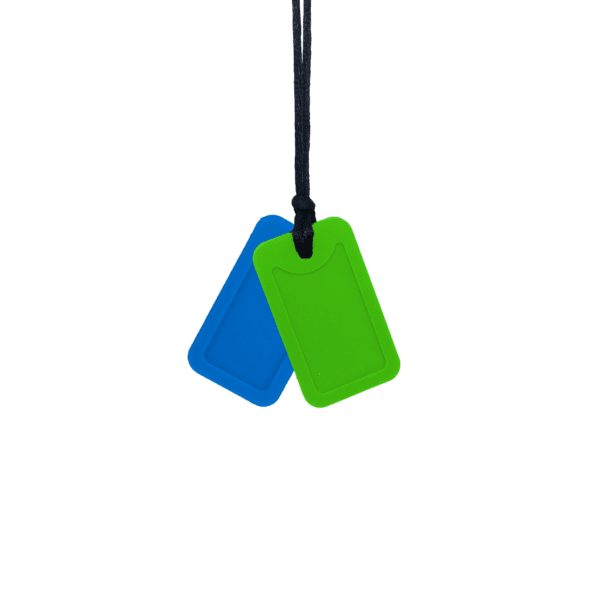Blue and green dog tag sensory chew necklace pair on black cord