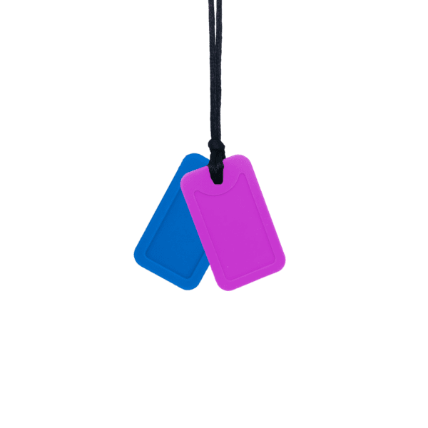 Blue and magenta dog tag sensory chew necklace pair on black cord