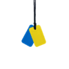 Blue and yellow dog tag sensory chew necklace pair on black cord