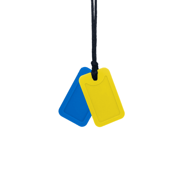 Blue and yellow dog tag sensory chew necklace pair on black cord